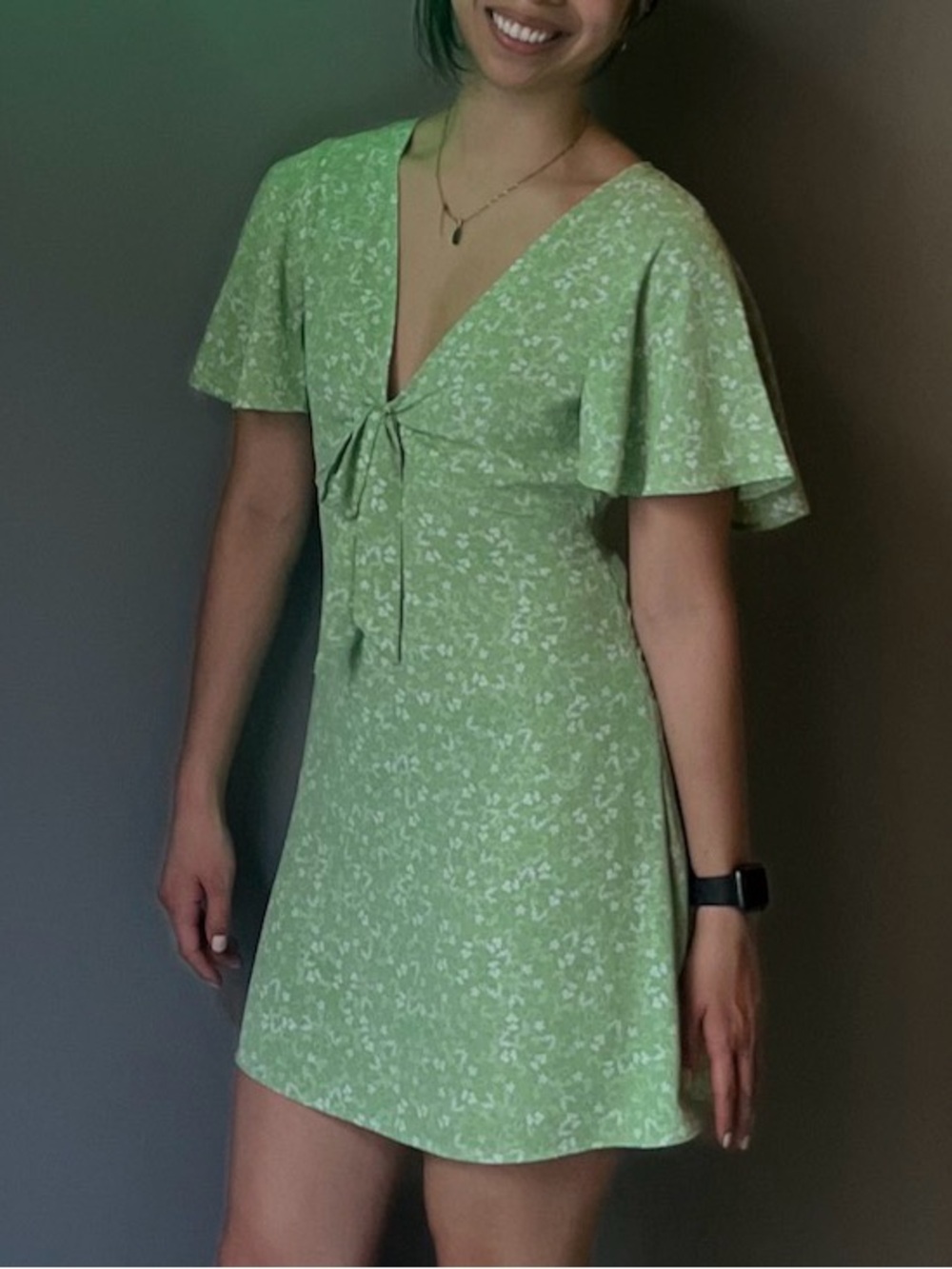 Zara Light Green Floral Tie-Front Mini Dress